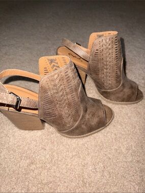 Qupid Taupe Laser-Cut Peep-Toe Slingback Heels